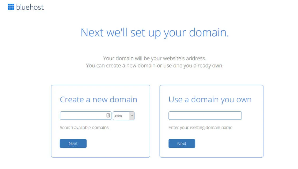 Choose a domain name for your new website or let Bleuhost transfer a domain that you already own from another provider.